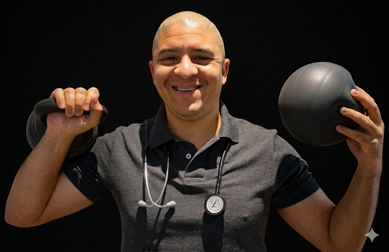 Tyrone Nieuwoudt — Bespoke Online Personal Trainer and Wellness Concierge based in Cape Town, South Africa, holding a kettlebell and medicine ball with a stethoscope